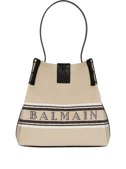 balmain canvas leather bucket bag beige
