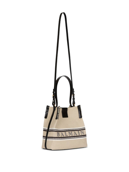 balmain canvas leather bucket bag beige