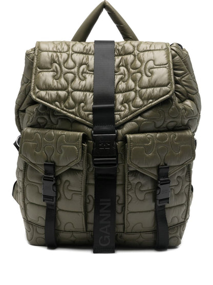 Ganni Quilted Flap-Pocket Backpack - Green