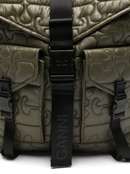 Ganni Quilted Flap-Pocket Backpack - Green