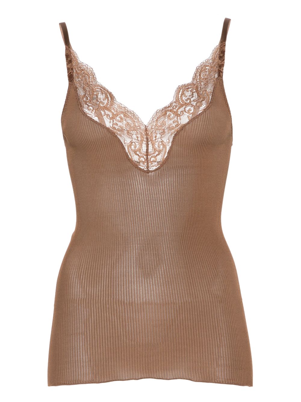Saint Laurent Ribbed Lace Silk Camisole Brown brown