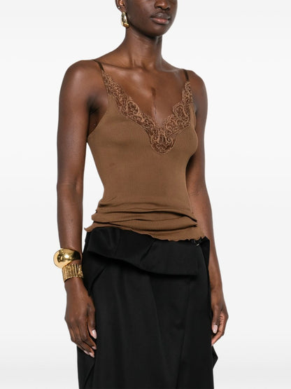 Saint Laurent Ribbed Lace Silk Camisole Brown brown