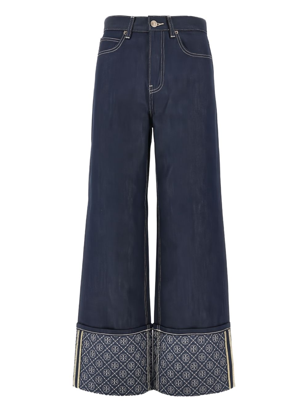 Tory Burch Straight Leg Contrast Cuff Jeans Blue