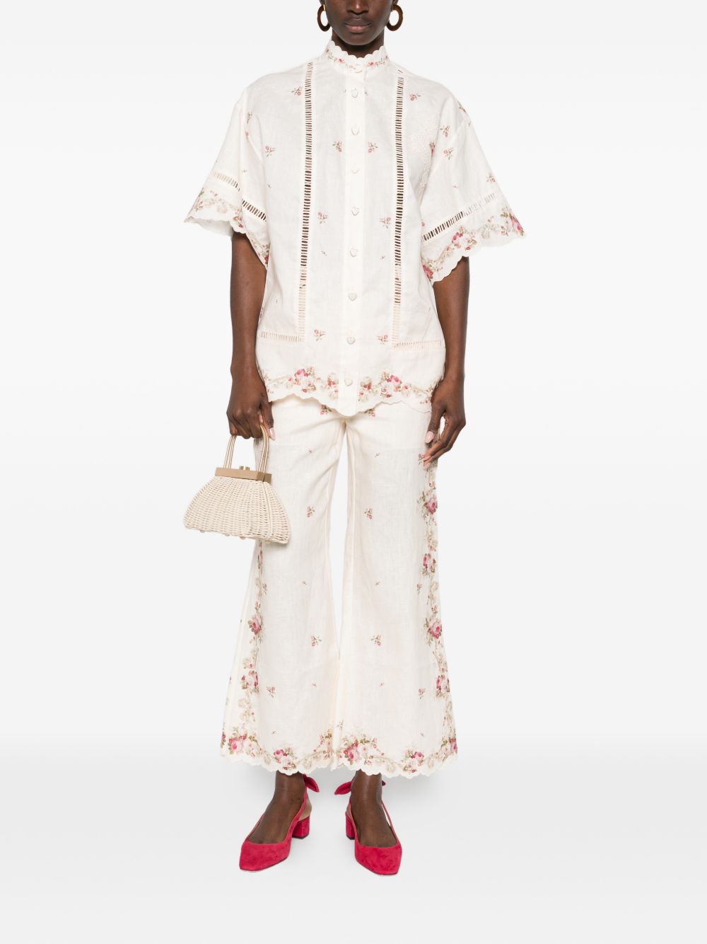 Zimmermann Floral Linen Button Shirt Beige