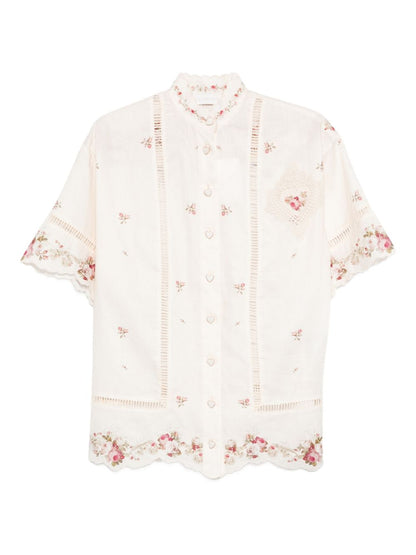 Zimmermann Floral Linen Button Shirt Beige