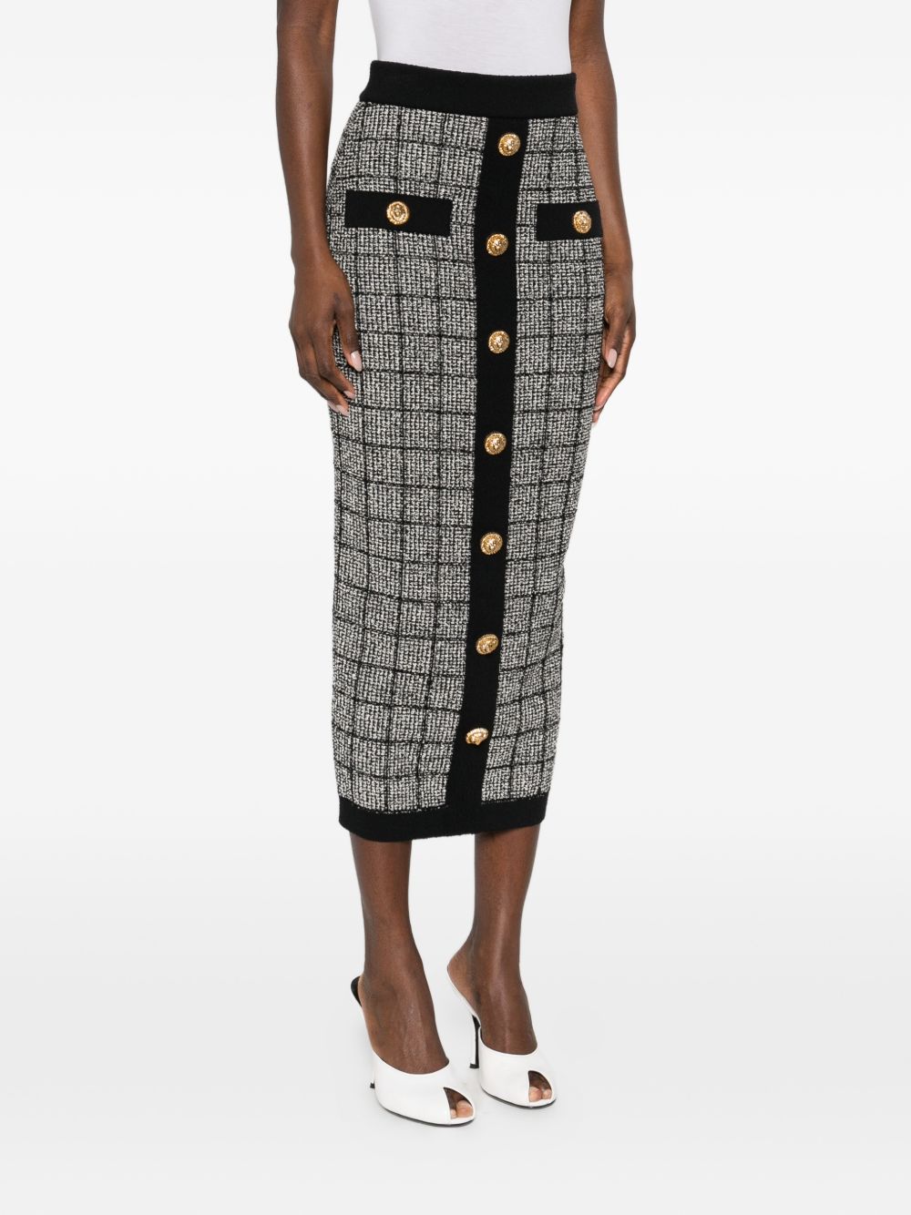 Balmain Checked Tweed High-Waist Skirt Black
