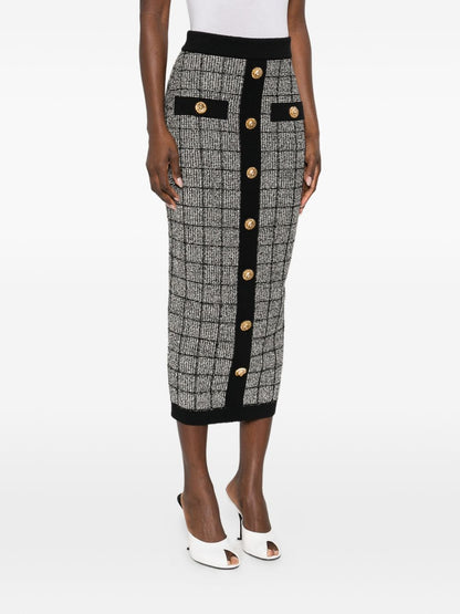 Balmain Checked Tweed High-Waist Skirt Black