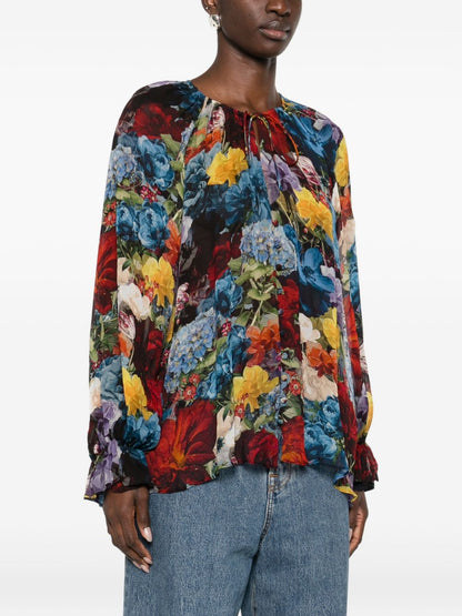 Alice + Olivia Floral Print Ruffled Blouse Blue