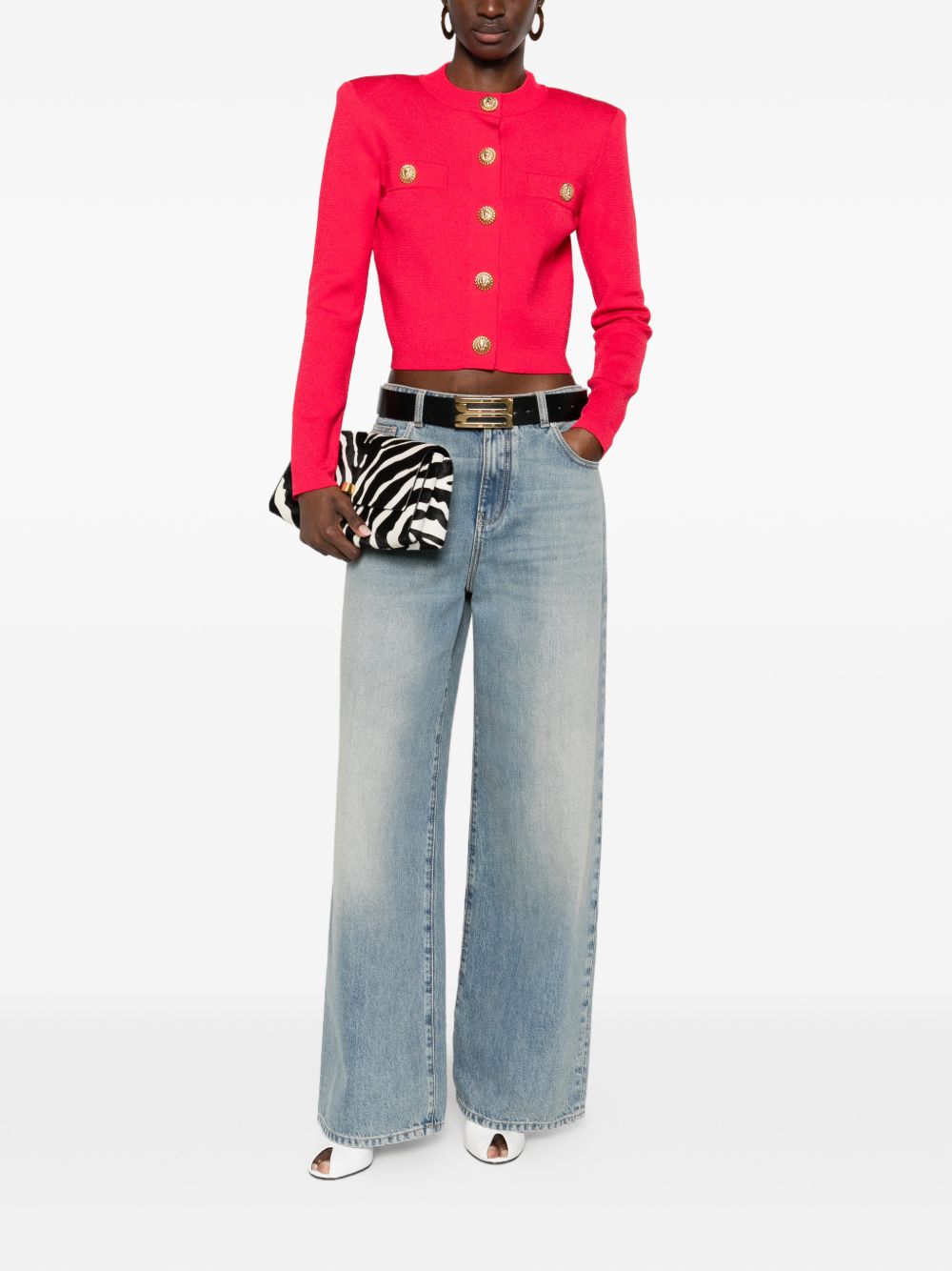 Balmain Crewneck Cardigan Gold Buttons Fuchsia