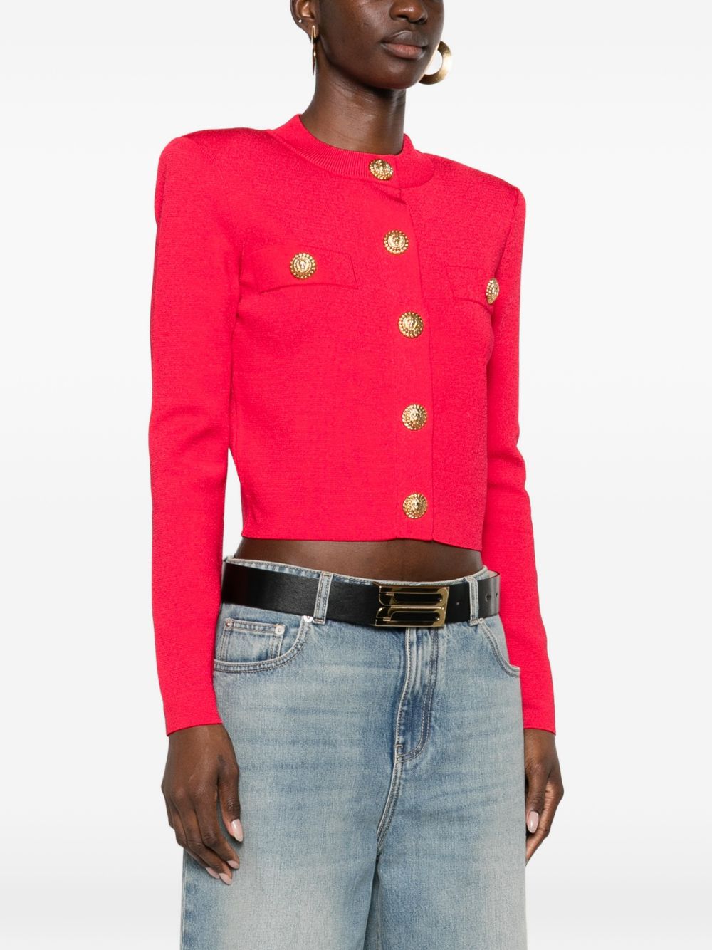 Balmain Crewneck Cardigan Gold Buttons Fuchsia