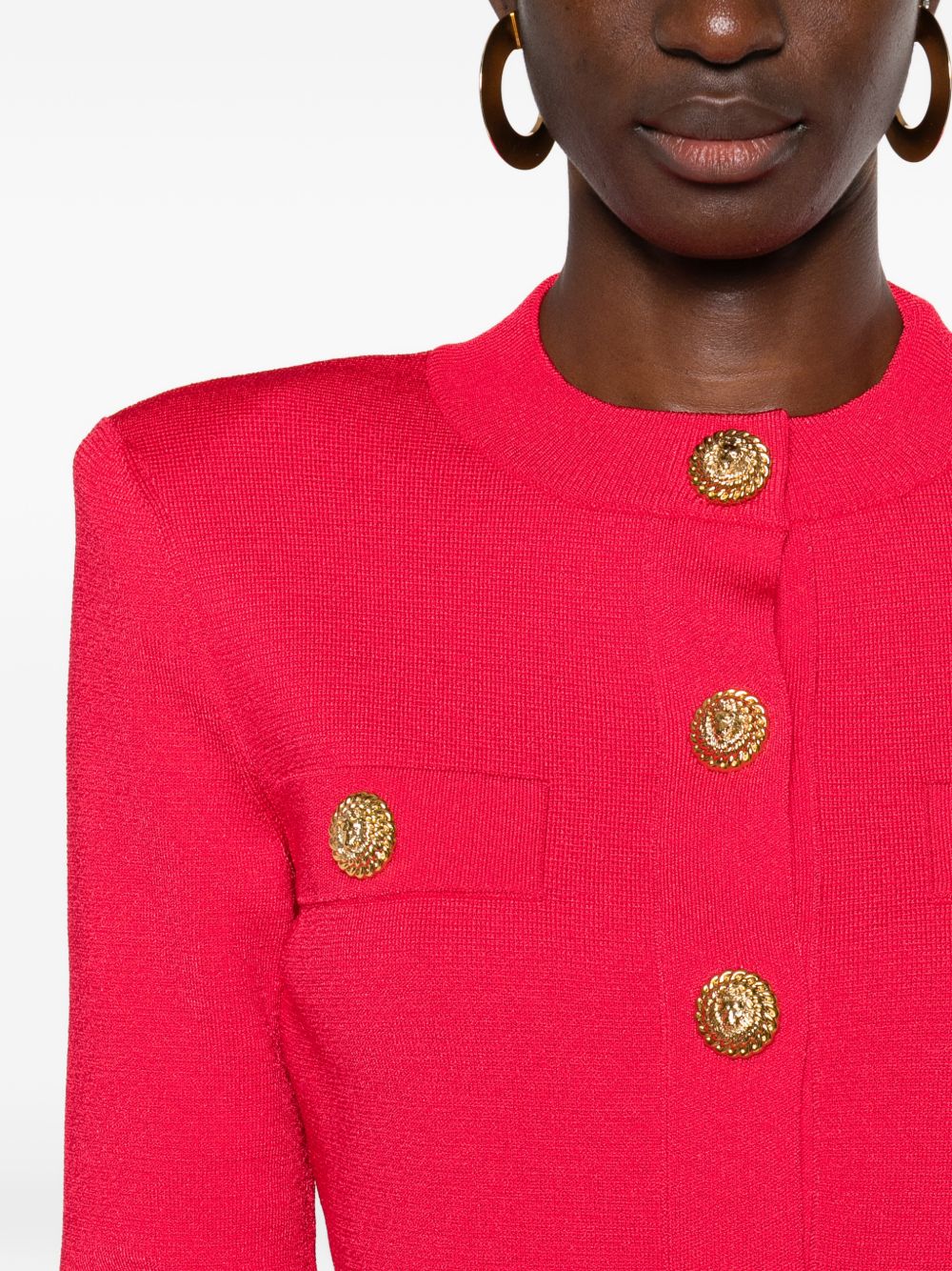 Balmain Crewneck Cardigan Gold Buttons Fuchsia
