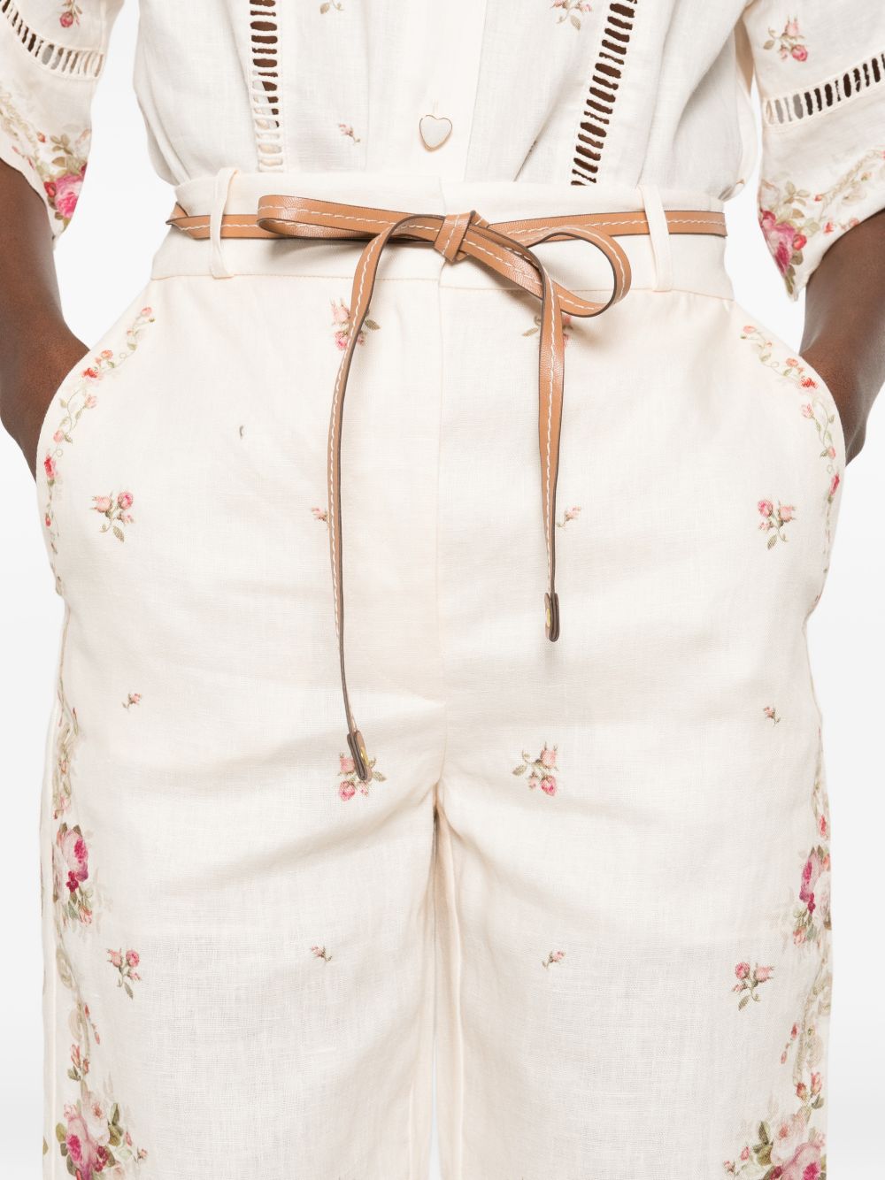 Zimmermann Floral Embroidered Linen Trousers Beige
