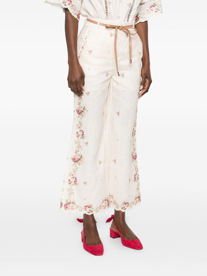 Zimmermann Floral Embroidered Linen Trousers Beige