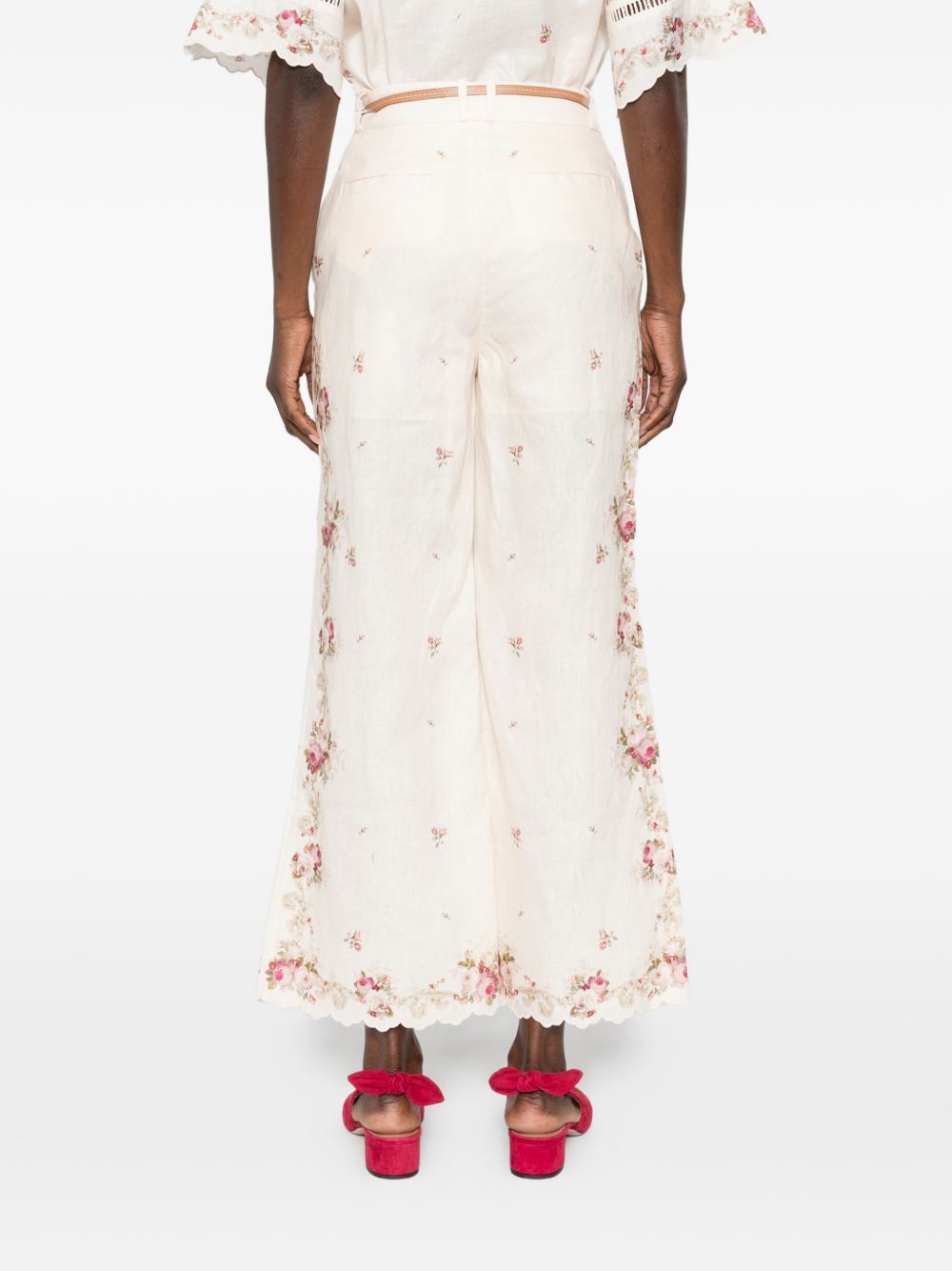 Zimmermann Floral Embroidered Linen Trousers Beige