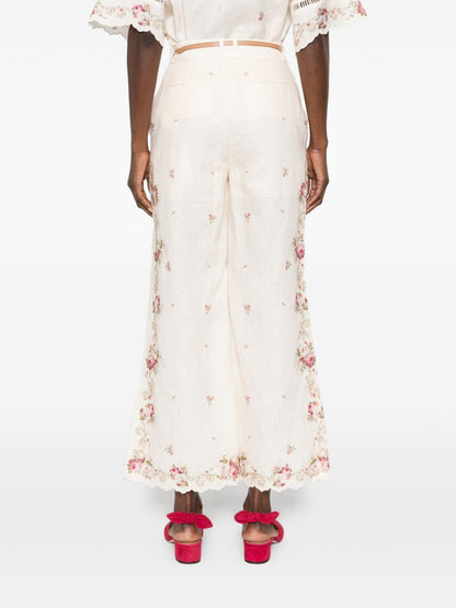 Zimmermann Floral Embroidered Linen Trousers Beige