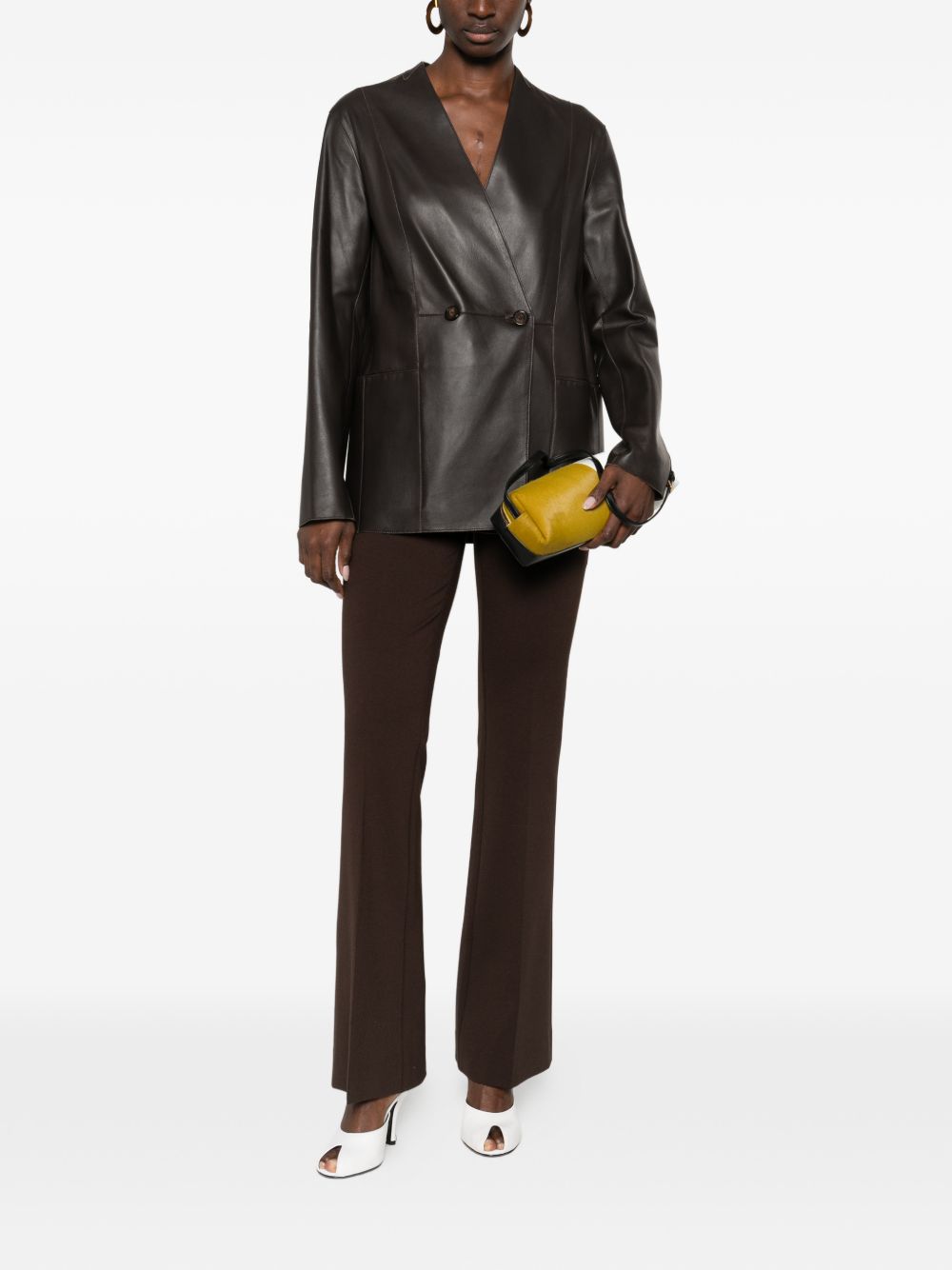 Emporio Armani Double-Breasted Leather Blazer Brown