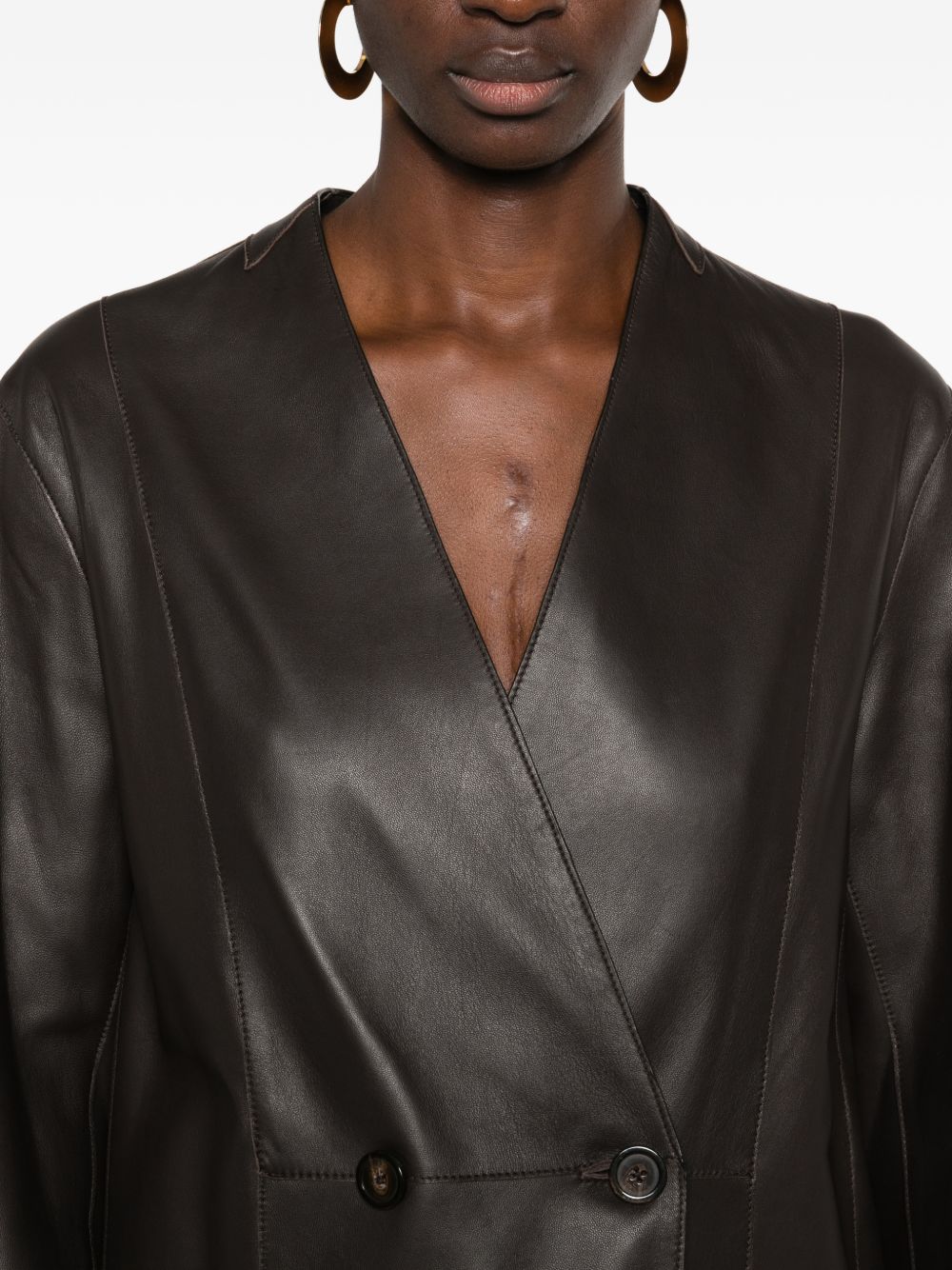 Emporio Armani Double-Breasted Leather Blazer Brown