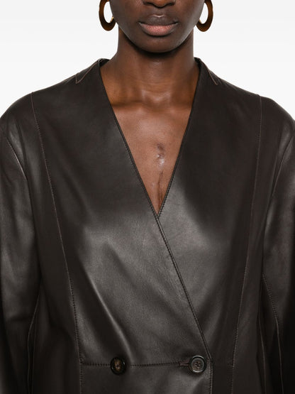 Emporio Armani Double-Breasted Leather Blazer Brown