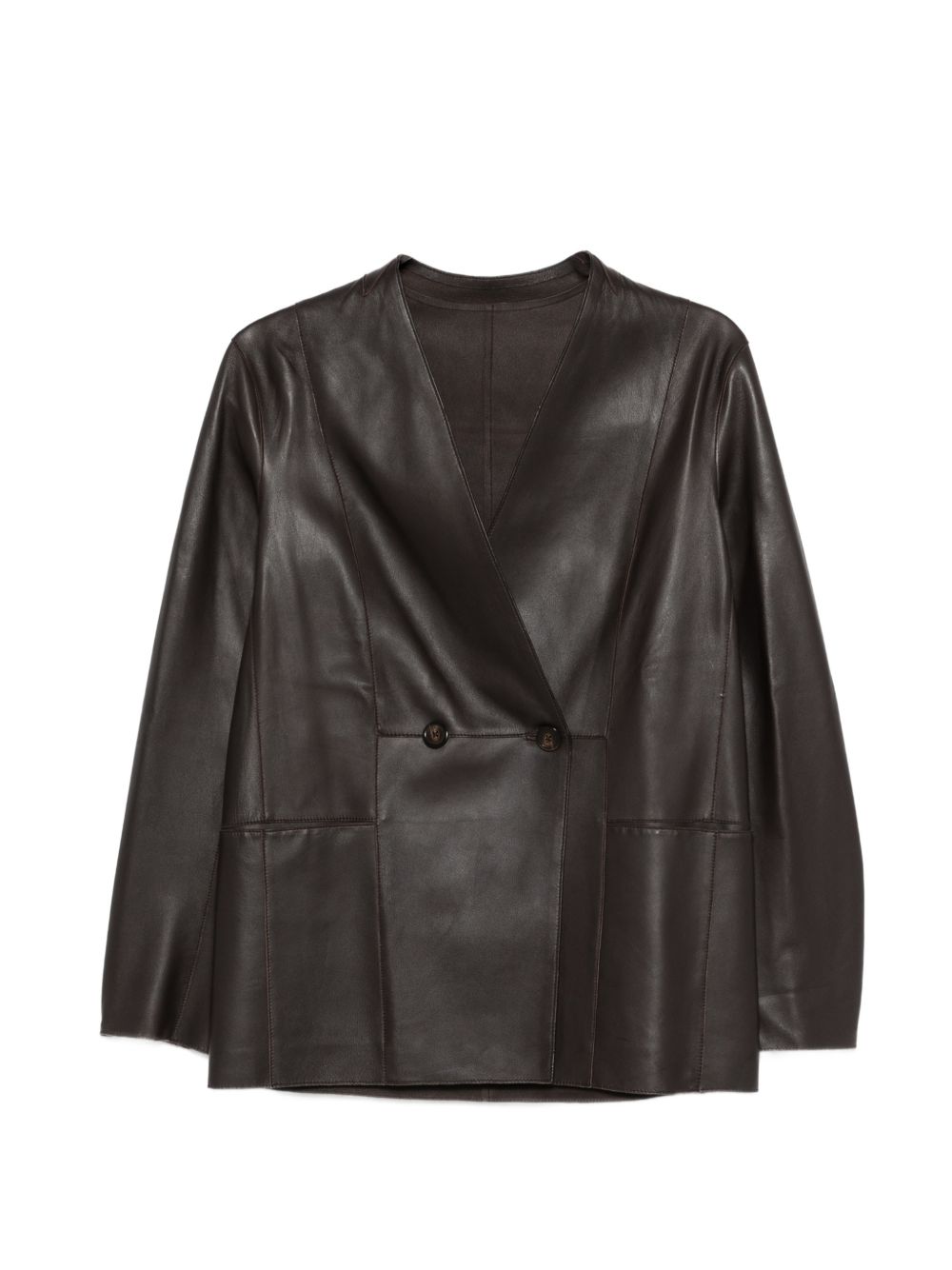 Emporio Armani Double-Breasted Leather Blazer Brown