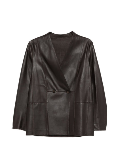 Emporio Armani Double-Breasted Leather Blazer Brown