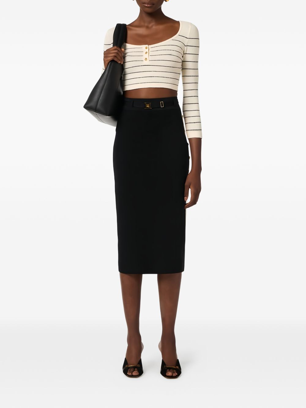 Elisabetta Franchi Knitted Midi Side Slit Skirt Black