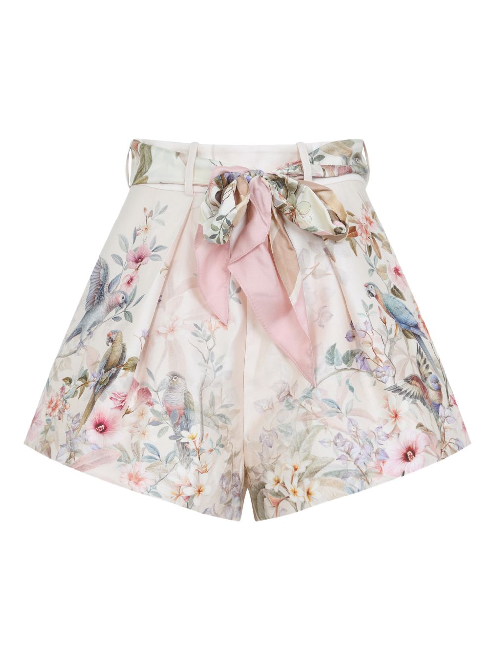 Zimmermann Floral Pleated Belted Shorts Beige