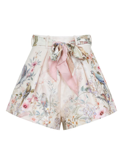 Zimmermann Floral Pleated Belted Shorts Beige