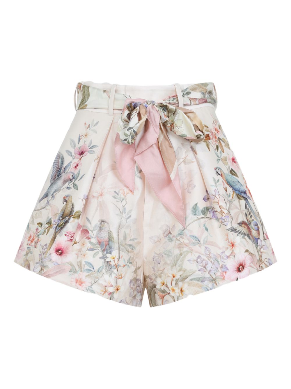 Zimmermann Floral Pleated Belted Shorts Beige