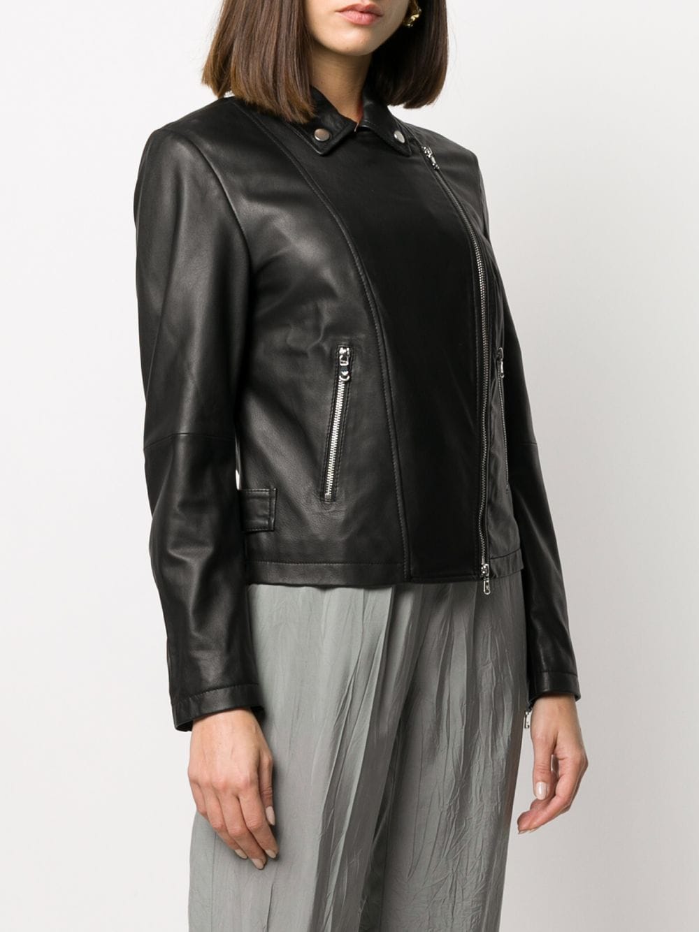 Emporio Armani Zipped Leather Biker Jacket Black