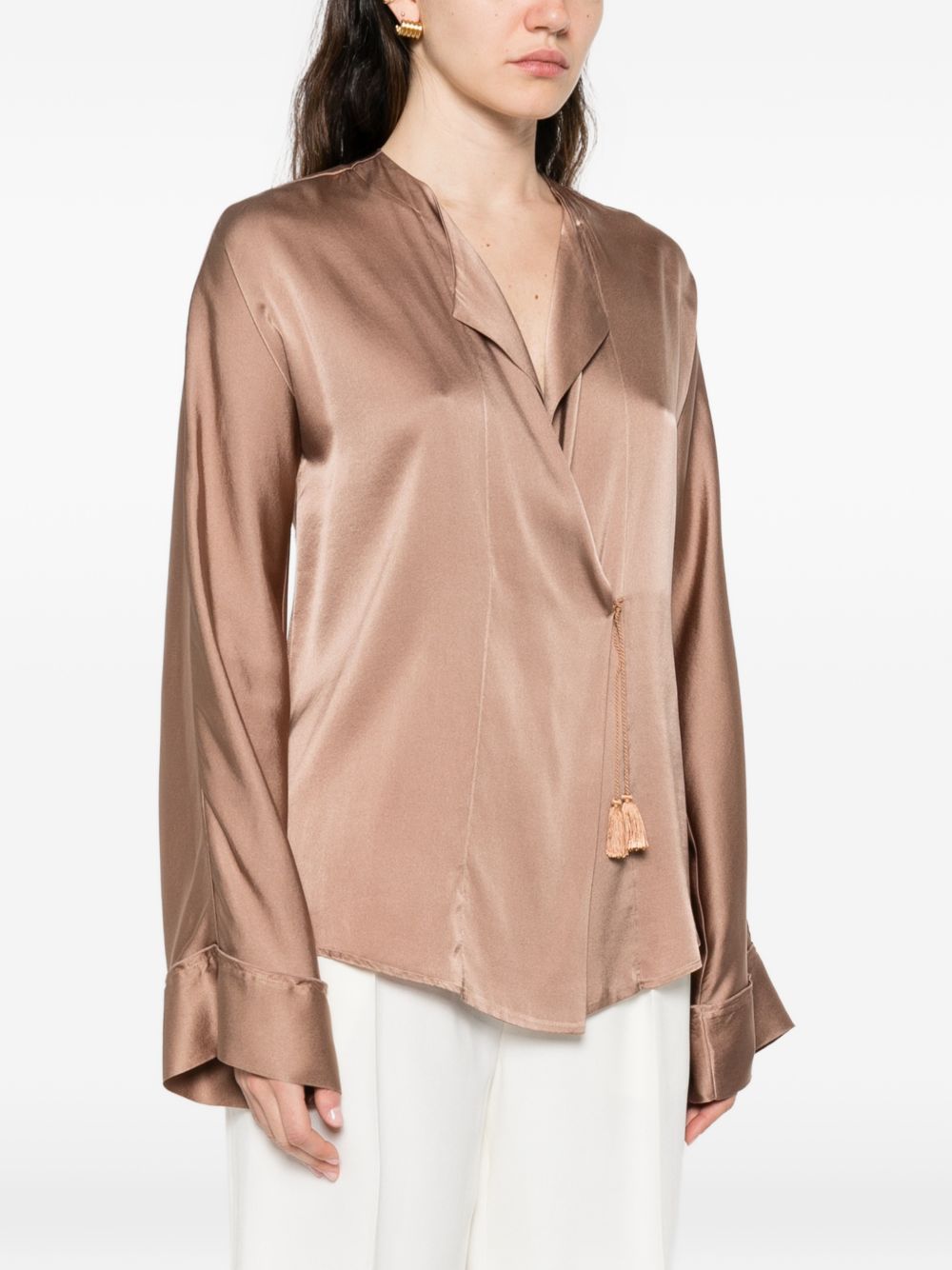 Forte Forte Silk Satin V-Neck Shirt Brown