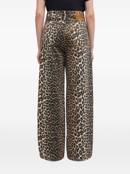 Ganni Leopard Print Denim Jeans Brown