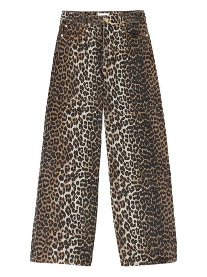 Ganni Leopard Print Denim Jeans Brown