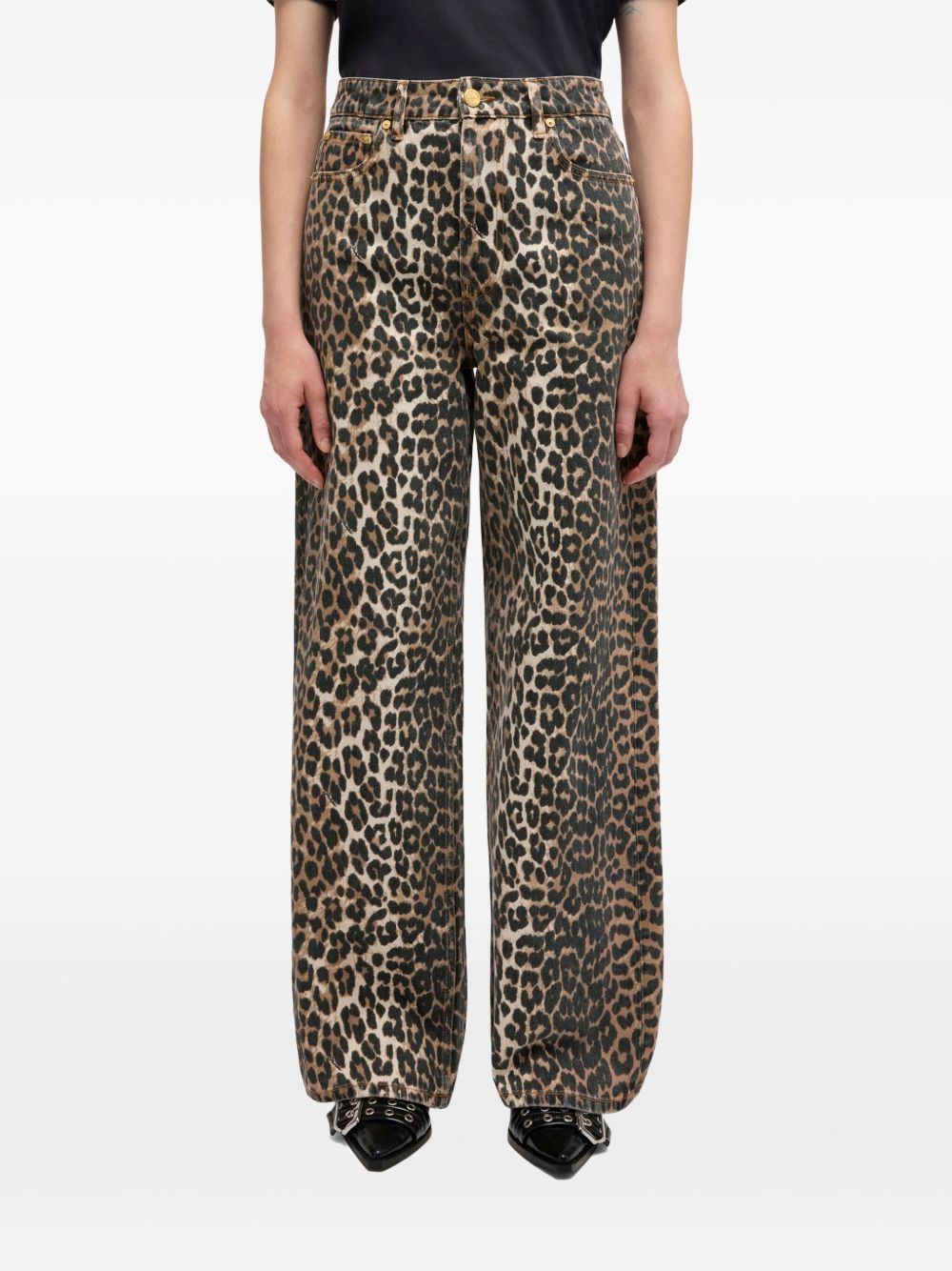Ganni Leopard Print Denim Jeans Brown