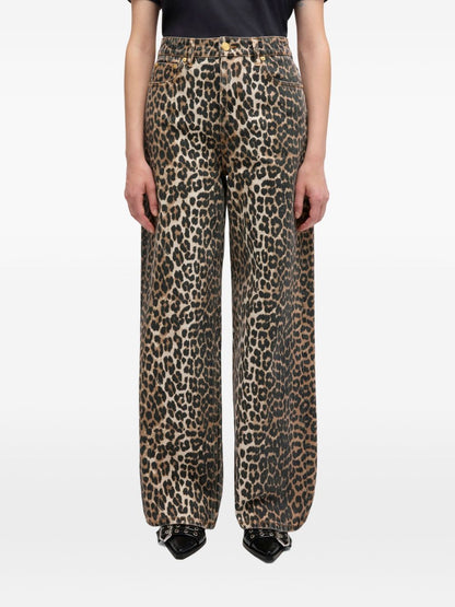 Ganni Leopard Print Denim Jeans Brown