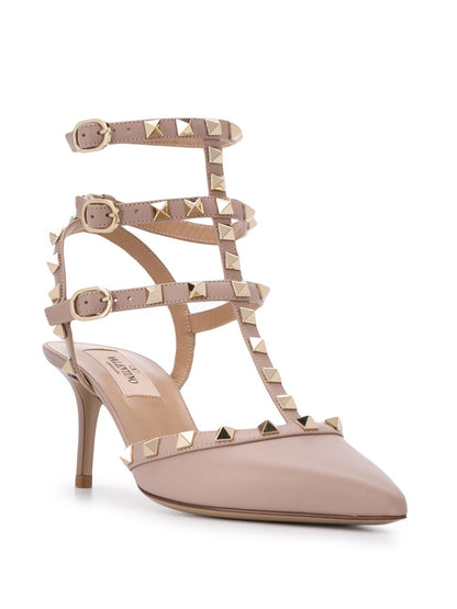 Valentino Garavani Rockstud 65mm leather ankle strap pumps. POWDER
