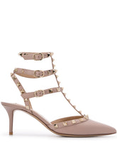 Valentino Garavani Rockstud 65mm leather ankle strap pumps. POWDER