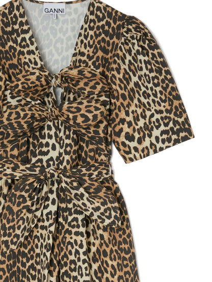 Ganni Leopard Print Knot Mini Dress Brown