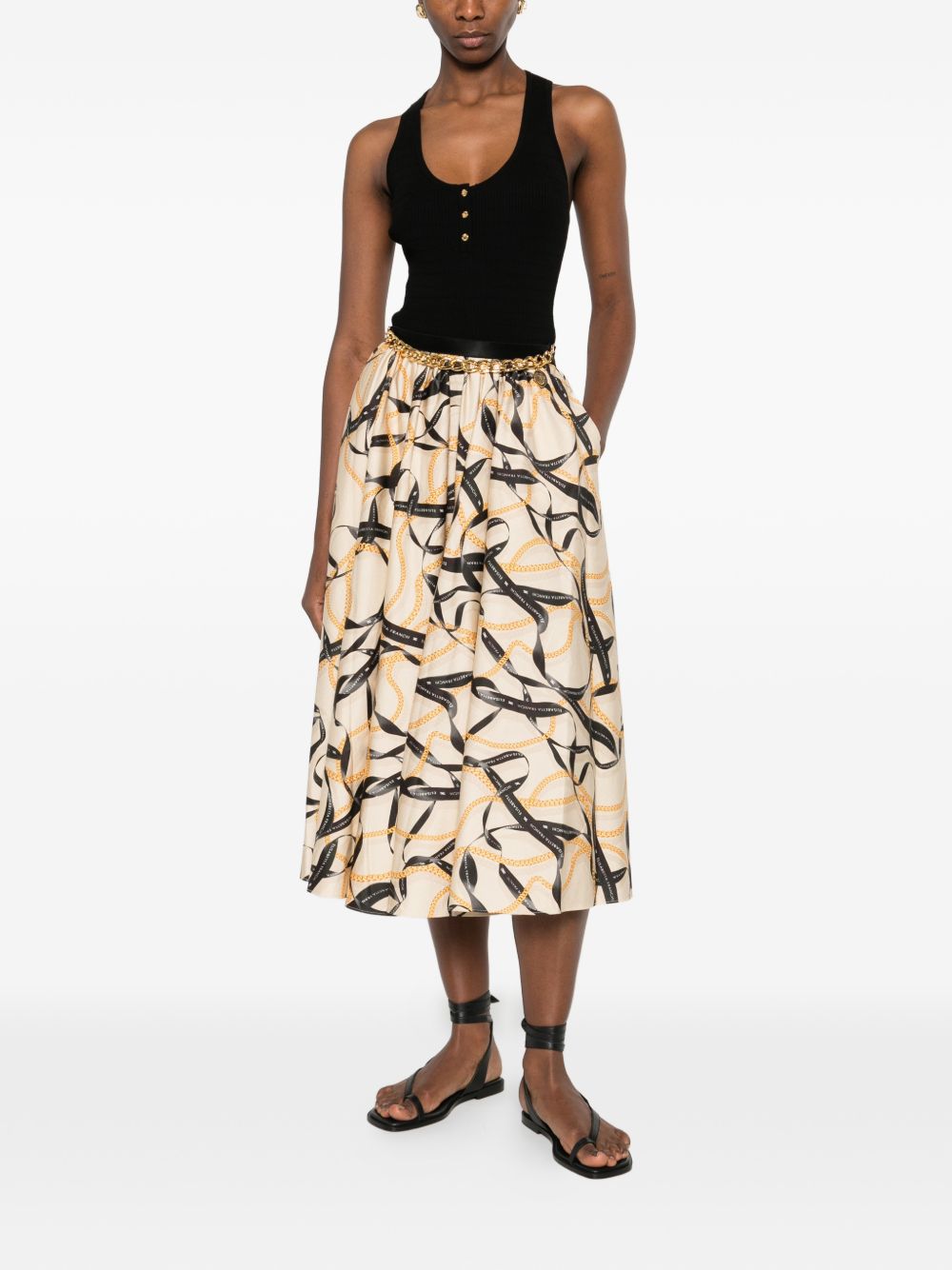 Elisabetta Franchi Chain Detail Printed Midi Skirt Beige