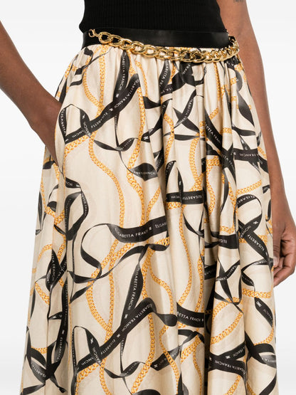 Elisabetta Franchi Chain Detail Printed Midi Skirt Beige