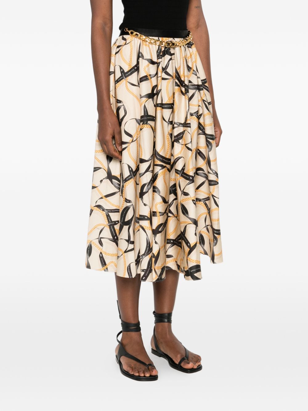 Elisabetta Franchi Chain Detail Printed Midi Skirt Beige