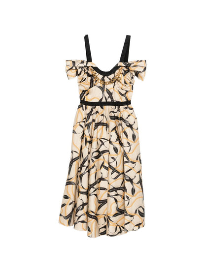 Elisabetta Franchi Ribbon-Print Midi Dress Beige