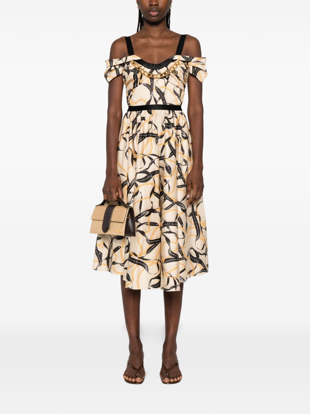 Elisabetta Franchi Ribbon-Print Midi Dress Beige