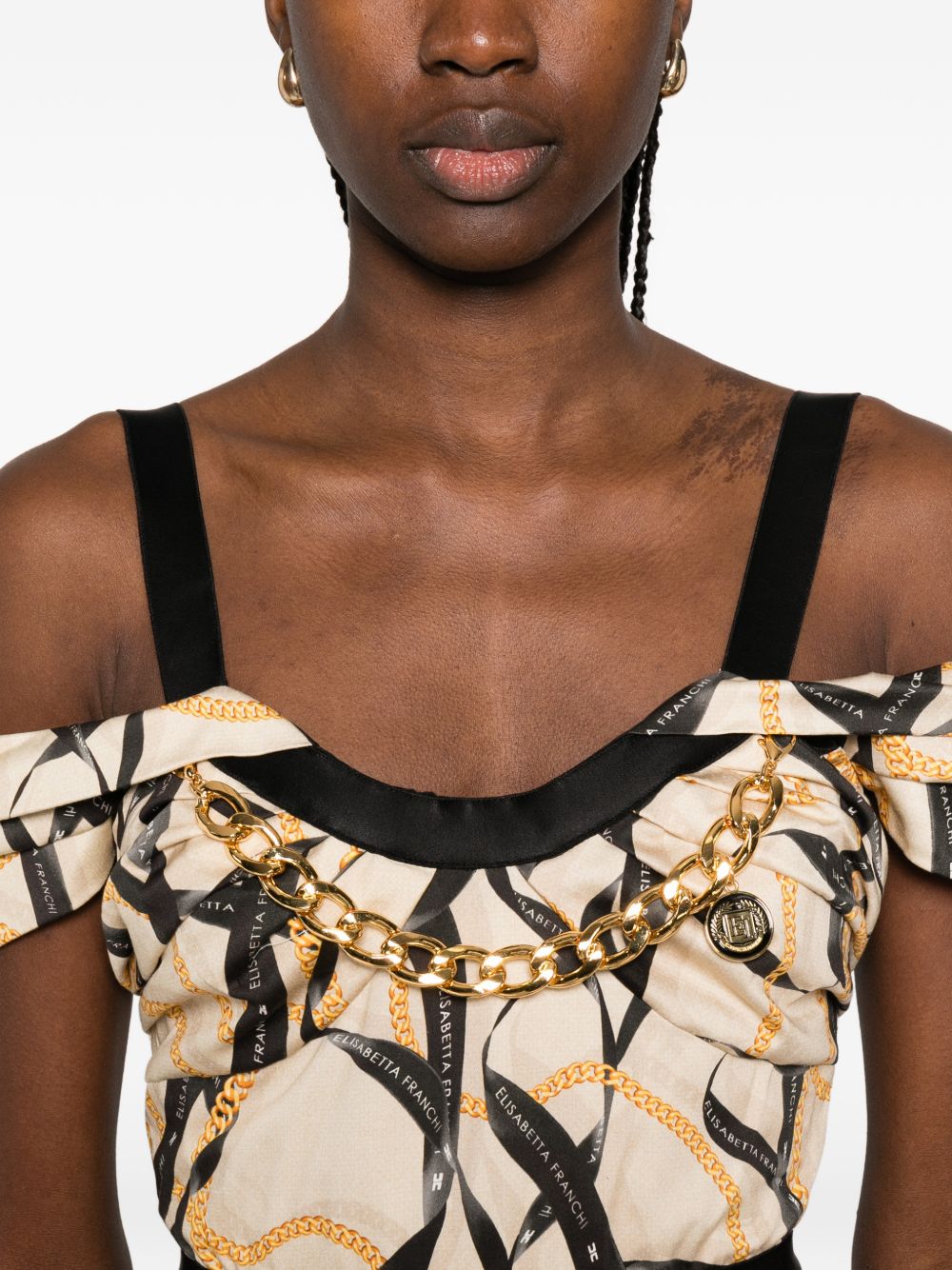 Elisabetta Franchi Ribbon-Print Midi Dress Beige