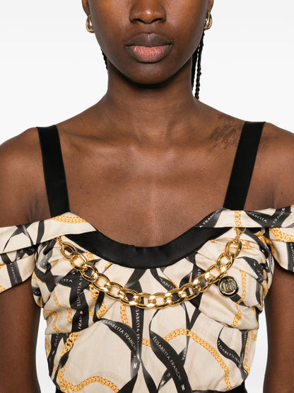 Elisabetta Franchi Ribbon-Print Midi Dress Beige