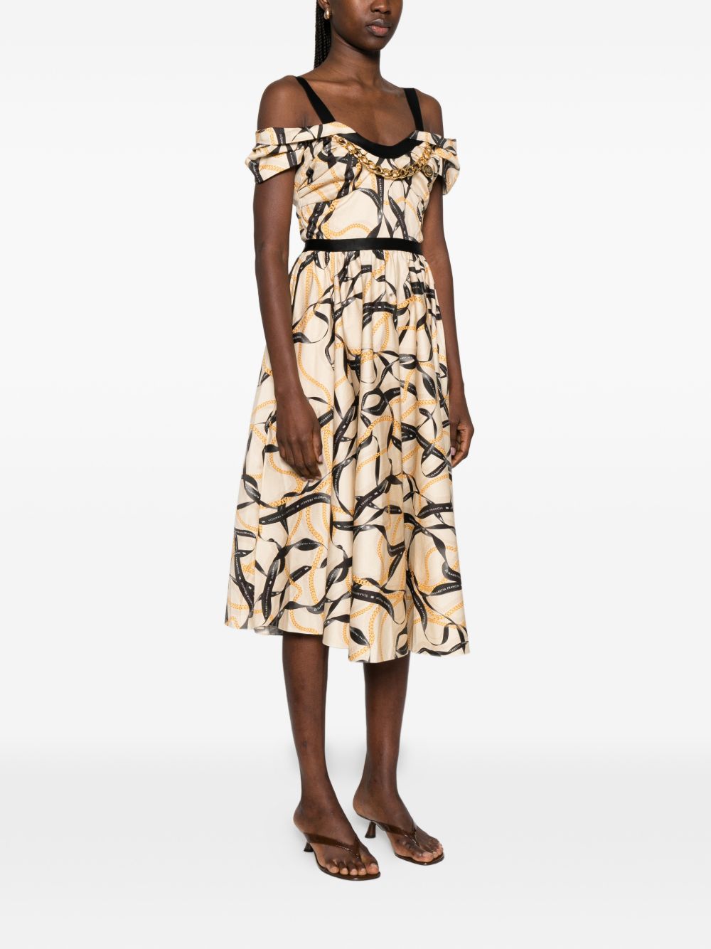 Elisabetta Franchi Ribbon-Print Midi Dress Beige
