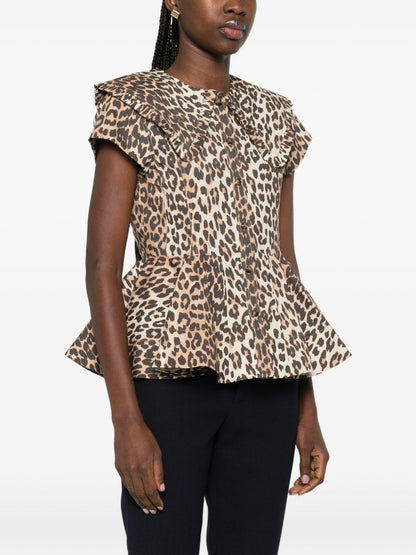 Ganni Leopard Peplum Shirt Brown