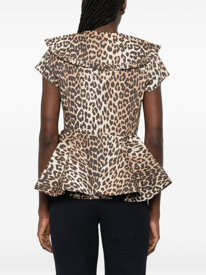 Ganni Leopard Peplum Shirt Brown
