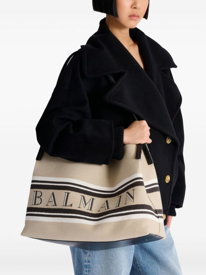 Balmain Logo Canvas Medium Shopper Beige