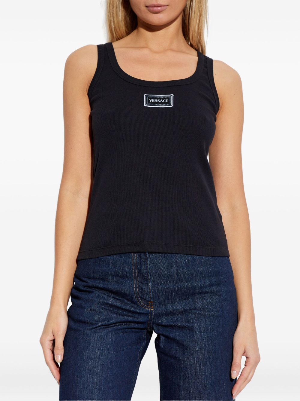 Versace Logo Patch Ribbed Cotton Tank Black