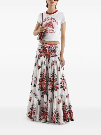 Dolce &amp; Gabbana Floral Print Long Cotton Skirt White